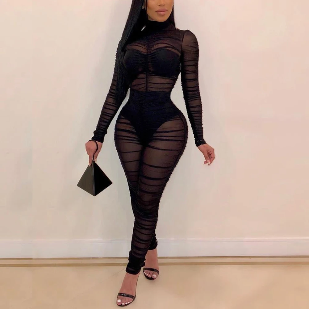 African Dresses for Women Fashion Sexy Solid Color Long Sleeve Sheer Jumpsuit Party Romper Bodycon Jumpsuit African Clothes