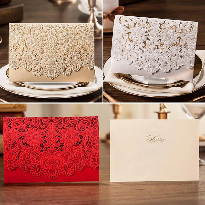  10pcs Exquisite Laser Cut Wedding Party Invitation Cards With Embossed Flower For Any Elegant Weddi - 4.00054E+12