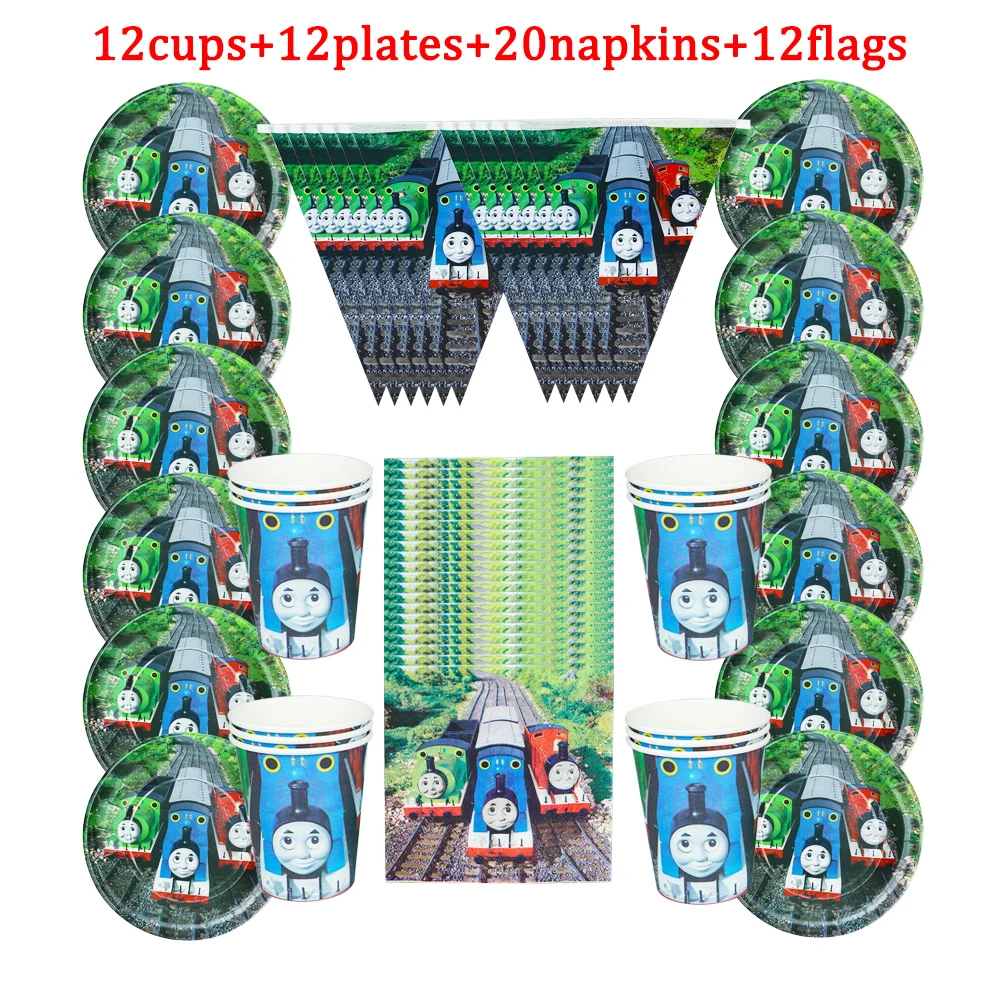 

56pcs/Lot Disposable Tableware Thomas Friends Birthday Party Paper Cups+Plates+Napkins+Flags Sets Party Supplies For 12 Kids