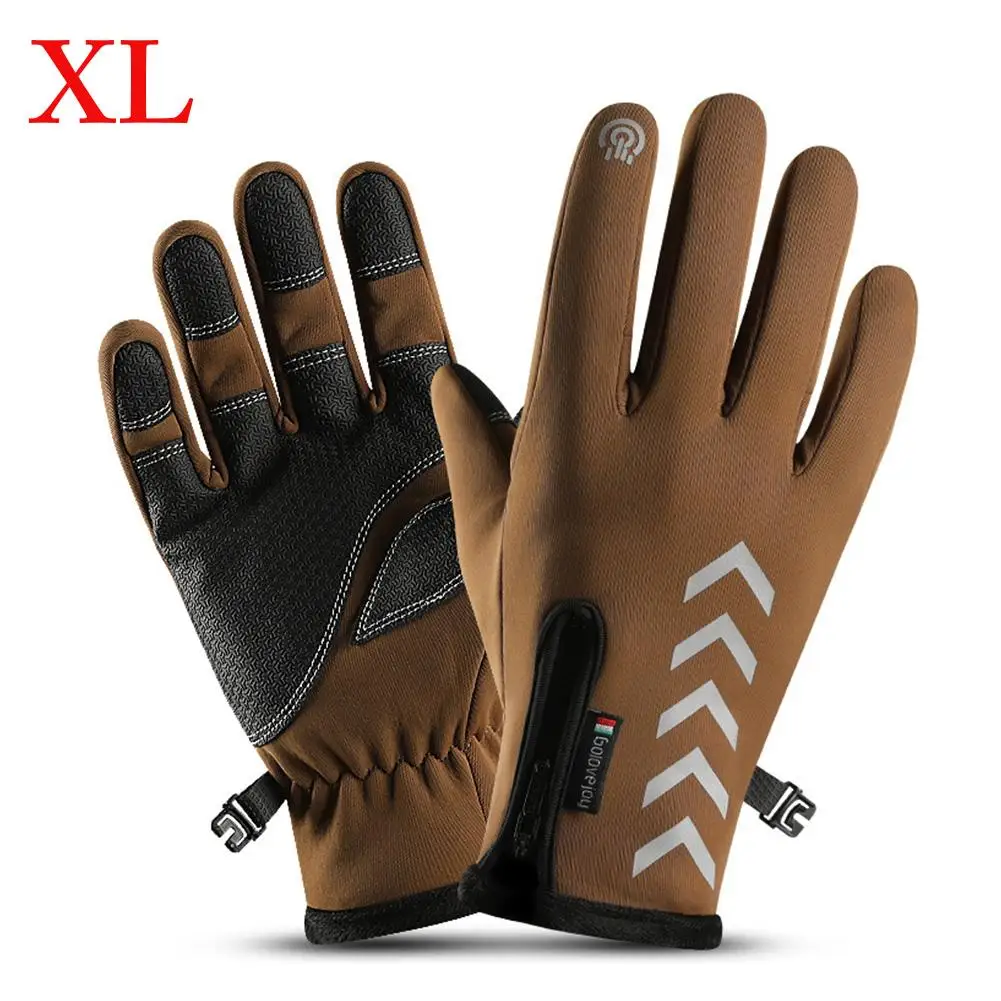 1Pair Winter Warm Gloves Men Women Reflective Touch Screen Gloves Anti-slip Couple Zipper Super Ski Cycling Full Finger Gloves - Color: Brown