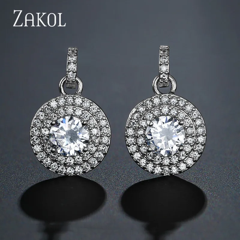 ZAKOL High Quality Cubic Zirconia Round Stud Earrings Pendant Necklace Set Bridal Jewelry for Women Anniversary Gift FSSP3030