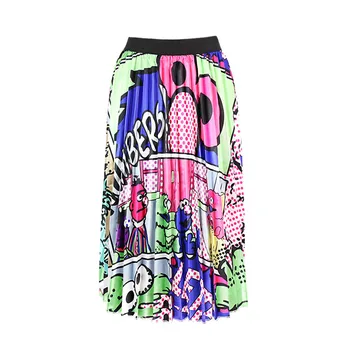 

Cartoon Print Fashion Skirt High Waist Skirt Women Elastic Waist Spring Pleated Long Skirts Female