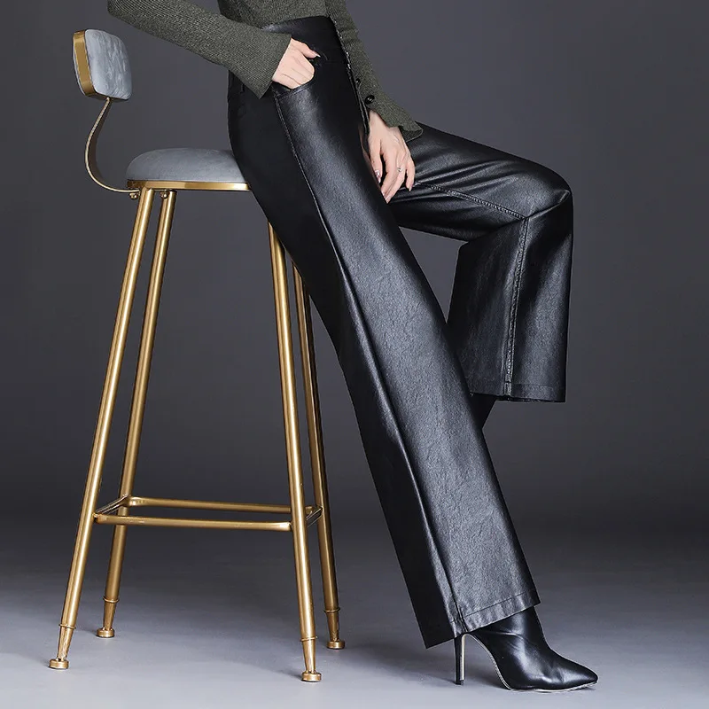 Lxmth/женские брюки из искусственной кожи с пуговицами; сезон весна-осень; брюки с высокой талией; свободные широкие брюки из искусственной кожи; женские деловые брюки; Цвет Черный; 4XL