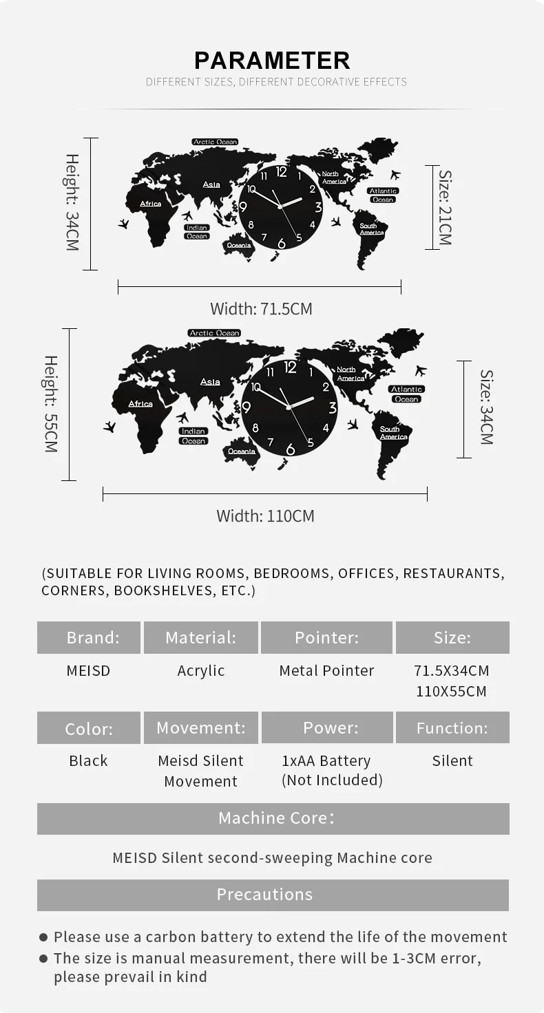 MEISD Punch-free Large World Map DIY Stickers Wall Clock Quartz Watch Mute Modern Self Adhesive Design Horloge Art Free Shipping