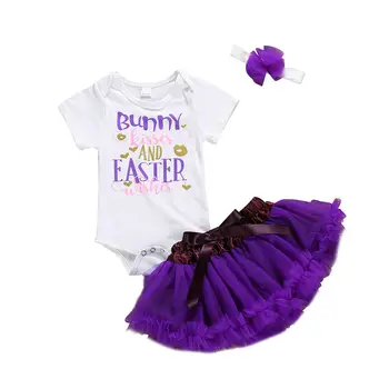 

Newborn Baby Girls Short Sleeve Easter Bunny Tops Letter Romper Tulle Tutu Skirt Dress Outfits Clothes Set