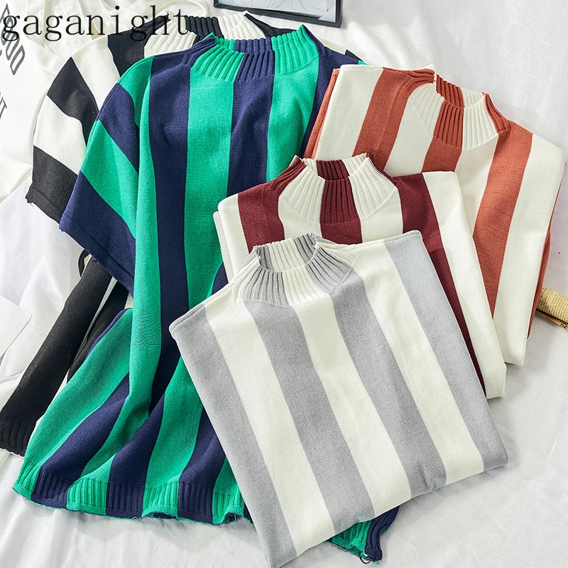 

Gaganight Striped Women Sweater Short Sleeves O Neck Casual Pullover Knitted Elastic Vintage Tops Office Ladies Fashion Korea