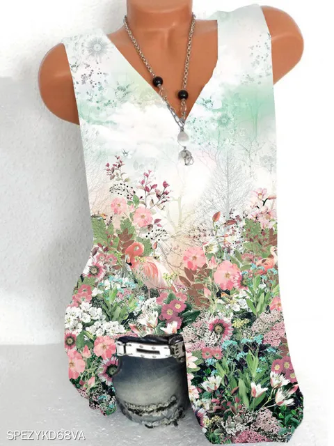 Fashion printing large size women T-shirt V-neck sleeveless vest casual ladies T-shirt women tops 05