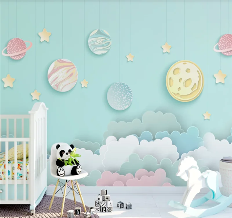 

Custom 3D wallpaper mural children solar system girl room bedside candy color macaron background interior decoration painting