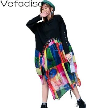 

Vefadisa Spring Colorful Plaid Dress Woman 2020 Long Sleeve Chiffon Dress Irregular O-Neck Patchwork Dress Black Female QYF1617