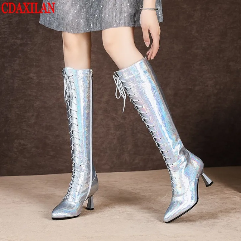 CDAXILAN new arrivals women's knee boots silver pantent leather cross strap side zipper pointed high heel martin boots dancing