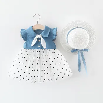 

Summer Casual Clothing Set 2Pcs Baby Girls Patchwork Design Flare Sleeve Soft Denim Mesh Dress+Woven straw hat 0-24M