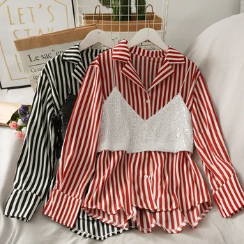 

Autumn Women Fashion Blouse Long Sleeves with Sequins Camisolo 2pcs Suits Ladies Casual Slim Stripes Tops Blusas Femininas
