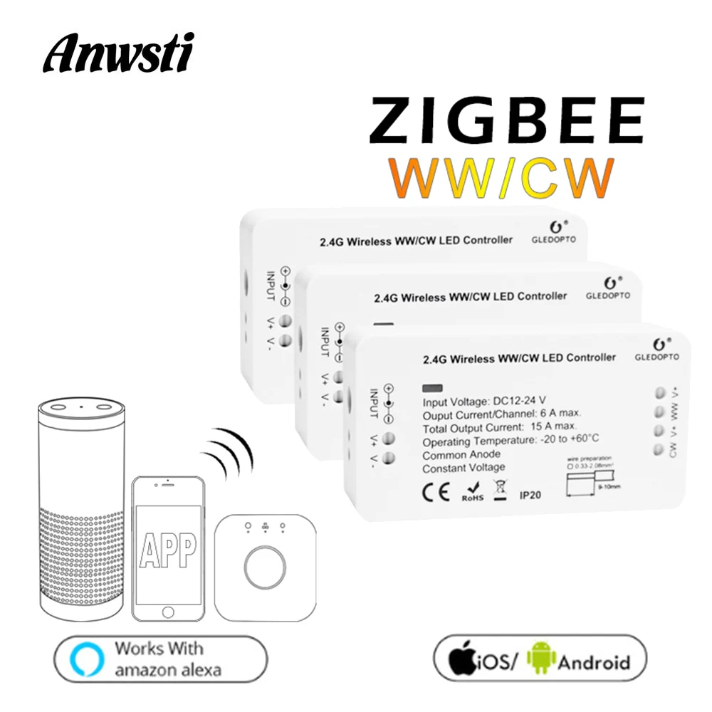 GLEDOPTO Zigbee LED Controller CCT Wireless Control Smart Home Bridge WW CW LED Strip Dimmer Switch 12V 24V Work with Alexa Echo