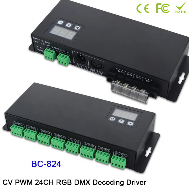 

BC-824 DC5V-24V 24 CH DMX512/1990 signal decoder 3A*24CH display shows DMX512 LED RGB driver controller for led light lamp