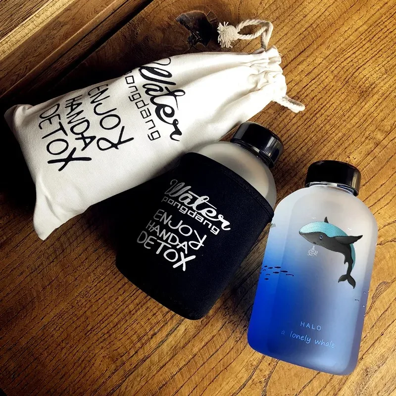 Whale Cup 600ML Frosted Glass Mup Leak-Proof Fashion Mineral Water Bottles  Drinkware Camping Travel Easy to Carry Sport Bottle