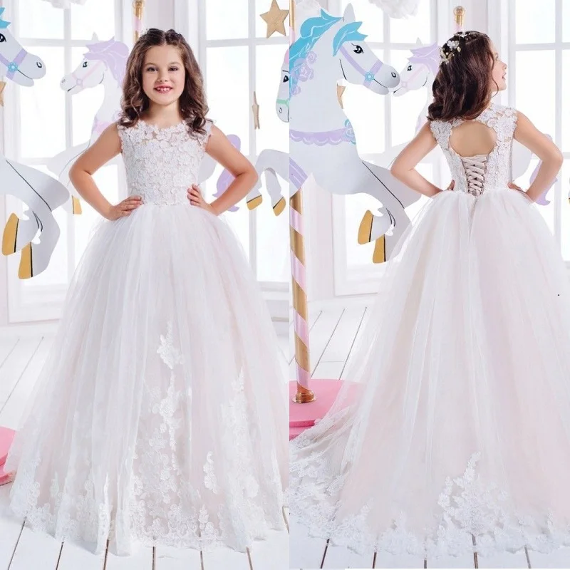 all ivory as image Платья с цветочным узором для девочек; цвет слоновой кости; элегантное платье для первого причастия для маленьких девочек; недорогое детское платье принцессы с круглым вырезом - Цвет: all ivory as image