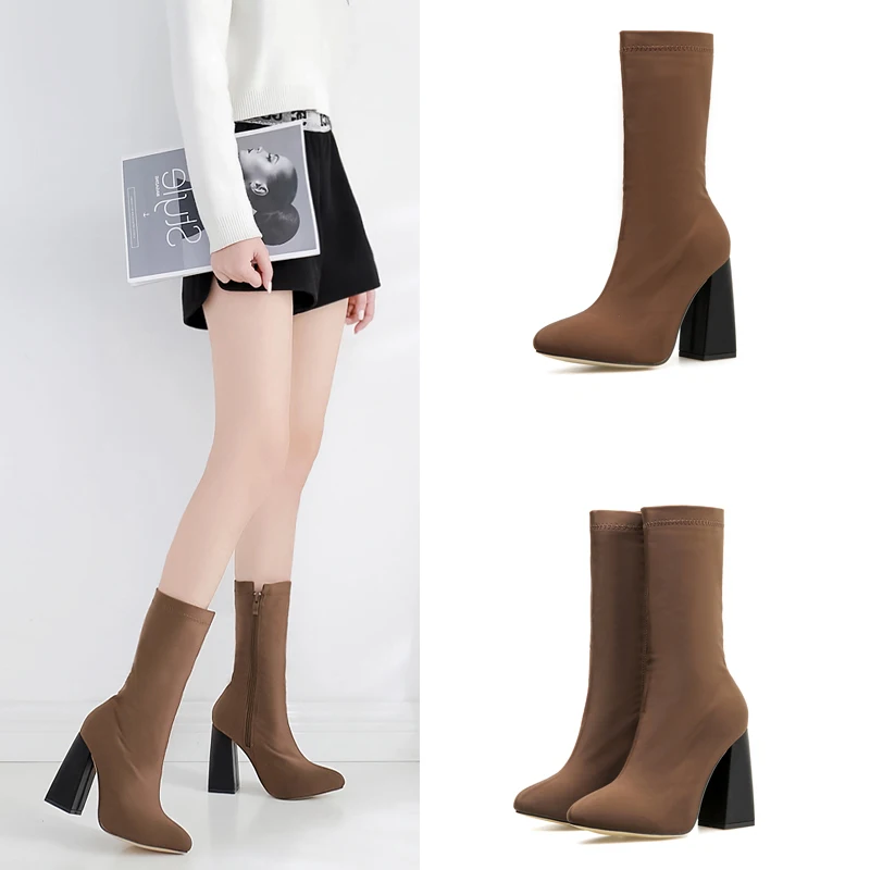 

Chunky Heel Women's Short Boot Rubber Boots Shoes Zipper Luxury Designer Booties Ladies Bootee Woman 2019 Mid-Calf Rain Fashion