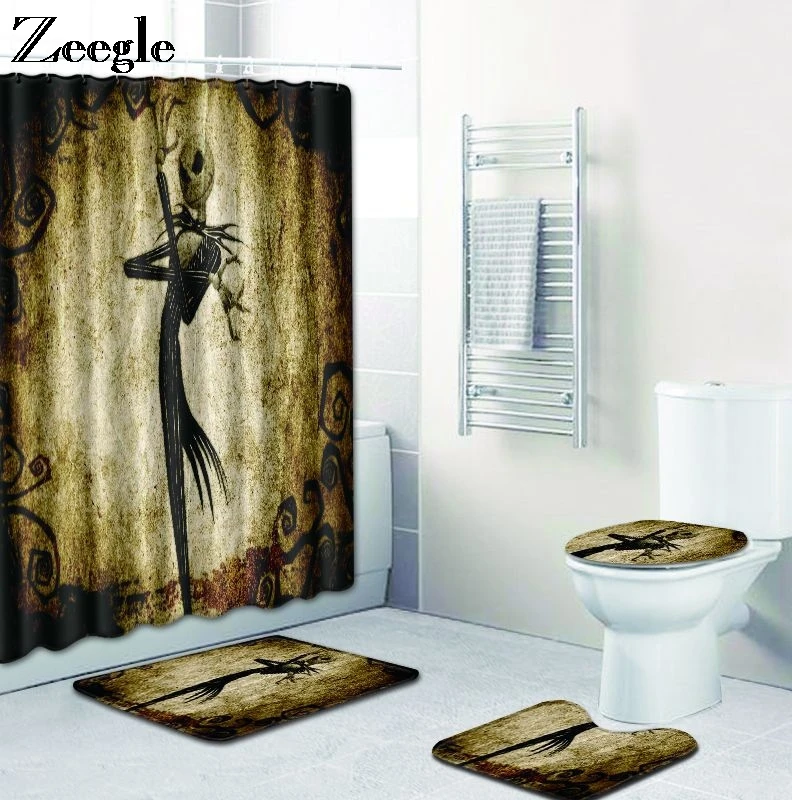 Zeegle Halloween Bath Mat Set with Shower Curtain Polyester Toilet Pedestal Rug Foot Mat Shower Mat Absorbent 4pcs Toilet Set