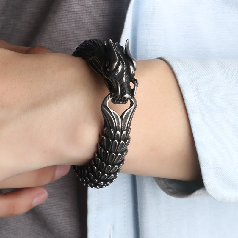 Панк-рок мужские байкерские браслеты для мужчин, винтажные хип-хоп черные браслеты из нержавеющей стали с драконом, цепочка для тела, браслет, ювелирные изделия 22 см