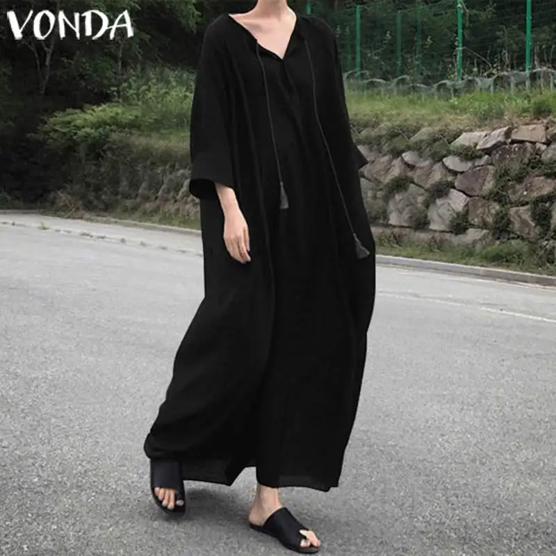 VONDA, женское белое платье, осень, макси, длинное платье, повседневное, свободное, v-образный вырез, одноцветное, богемное, Vestidos, винтажное, Пляжное, сарафан размера плюс, Халат