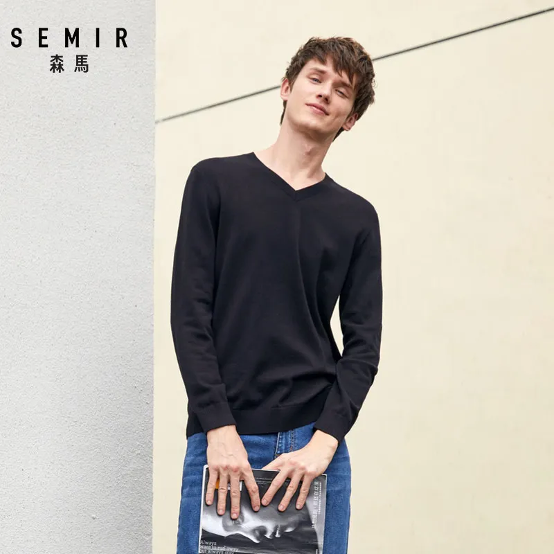 SEMIR мужской свитер с v-образным вырезом из 100% мягкого хлопка мужской тонкий трикотажный свитер цвета трикотажная резинка на манжетах и