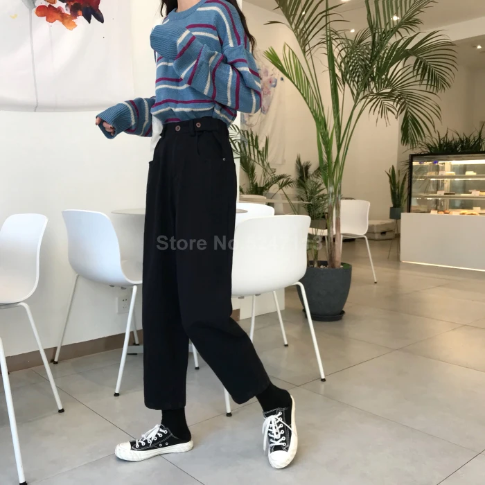 Женский корейский стиль Ulzzang Harajuku BF Свободные с высокой талией черные джинсы длиной до щиколотки женские студенческие повседневные шаровары