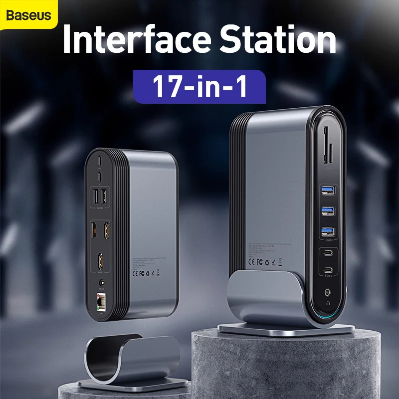 Baseus Dual Type-C концентратор 17 в 1 RJ45 адаптер для мульти HD VGA 5USB Рабочая док-станция