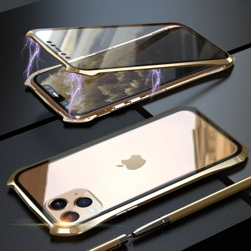 Gold Бэтмен металлический каркас Магнитный чехол для iPhone 11 Pro Max Чехол 9H двойное закаленное стекло Жесткий Чехол для iPhone 11 Pro Max Capa - Цвет: Gold