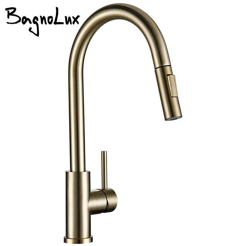 US $74.16 Touch Single Handle Brass Brushed Gold Kitchen Sink Faucet Pull Out Rotation Spray Mixer Tap Faucet Hot And Cold Wate