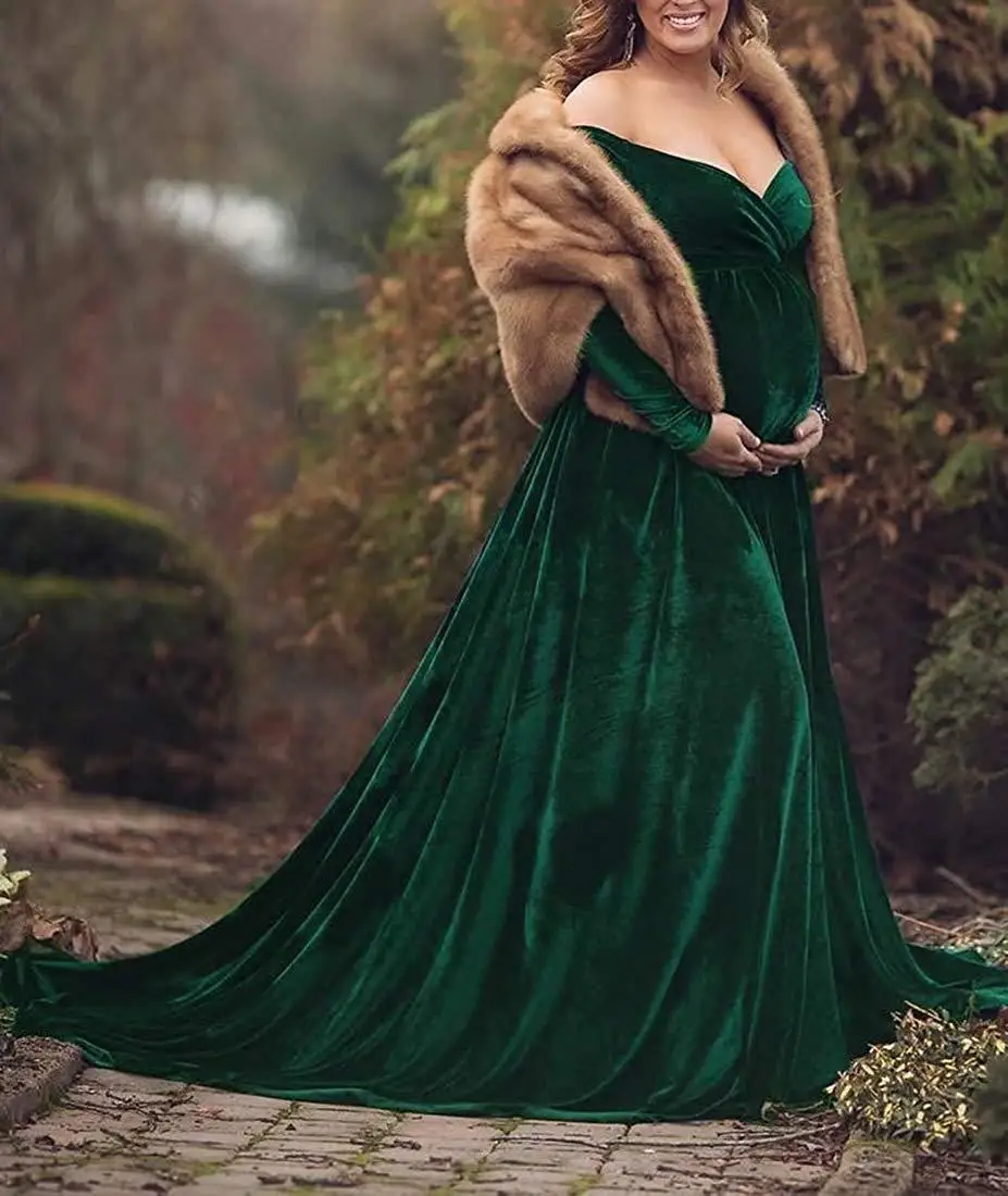 Maternity Dresses for Baby Showers Long Sleeve Pregnant Women Velvet Maxi Gown Dress Sexy V Neck Pregnancy Dress for Photo Shoot