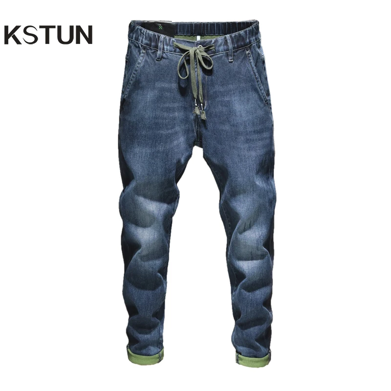 Pantalones vaqueros azules elásticos para hombre, pantalón bombacho de estilo harén informal, con cordón, cintura elástica, cónicos
