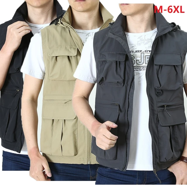 Hooded Vest Middle-aged Men Multi-pockets Cargo Vest Quick-dry Loose Large  Size New Fishing