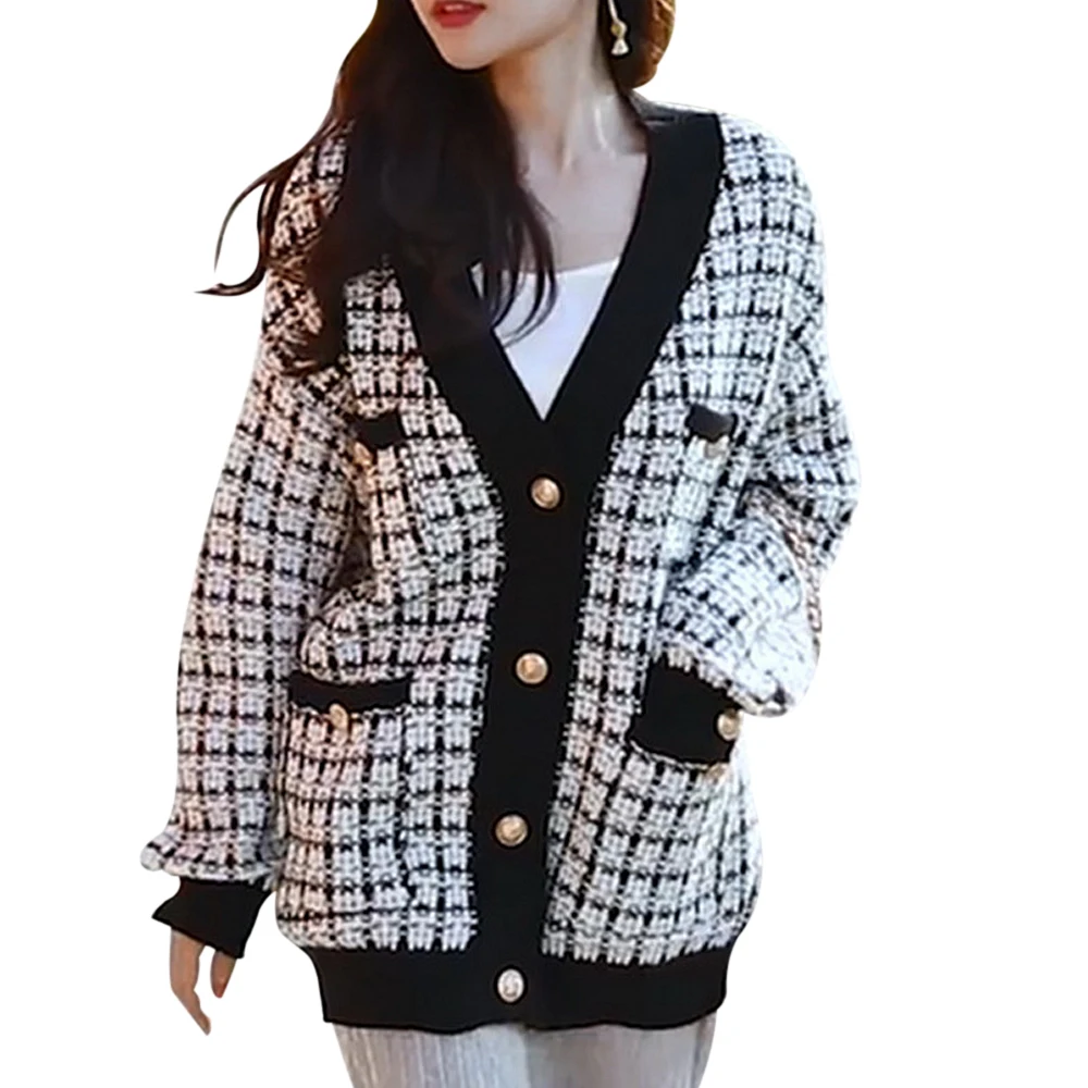 Женский свитер куртка негабаритный вязаный кардиган свободные клетчатые Джемперы Корейская одежда халат Длинное Пальто Sueter Feminino