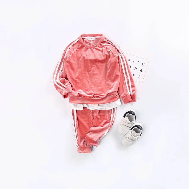 Ins/ бархатный костюм комплекты одежды для маленьких девочек детские спортивные костюмы для девочек, спортивный Кружевной Костюм с круглым вырезом осенне-весенние детские повседневные комплекты - Цвет: Розовый