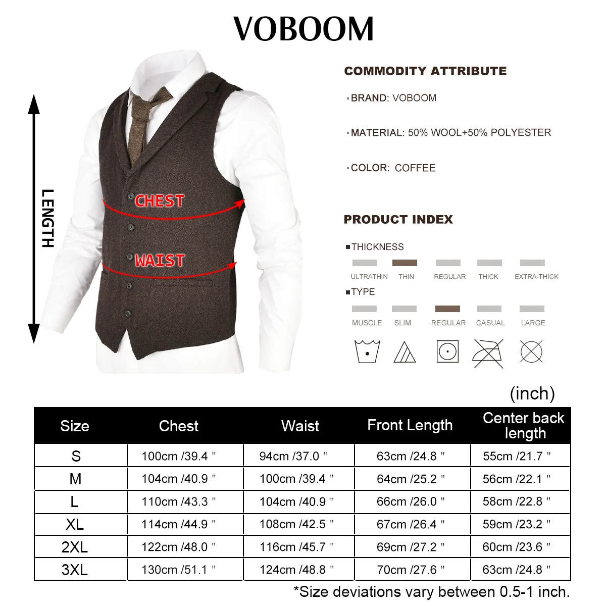 VOBOOM шерстяной твидовый костюм жилет для мужчин в елочку Slim Fit Премиум полушерстяной однобортный жилет кофе коричневый 018