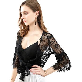 

2020 women European and American lace sunscreen cardigan female short section perspective sexy small shawl strap blouse