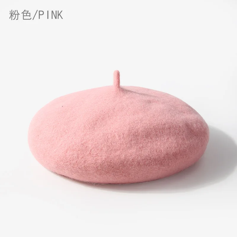 Зимний теплый шерстяной берет для девочек от 2 до 6 лет, Детские однотонные милые шапки, Детские универсальные шапки - Цвет: Розовый