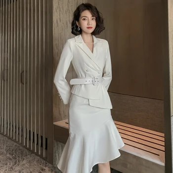 

Casual Small Suit High Waist Irregular Fishtail Skirt Fashion Two-piece Women's Sexy Elegant 2 Piece Set Female New 2019 Autumn