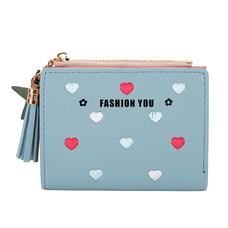 

Sweet Lady Short Love Embroidered Wallet for Women Wholesale Small Tassel Heart Shape Purse Girls Woman Cards Coins Bag