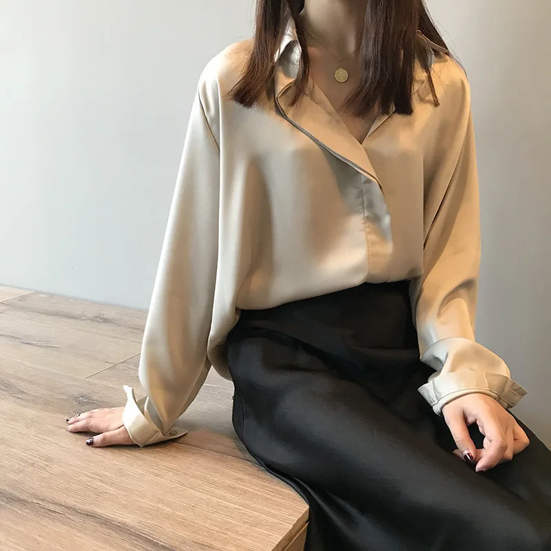 

2020 Solid Silk Satin Shirt Soft Elegant Long Sleeve Spring Loose Female V Collar Top Office Wear Ropa Mujer Rz*