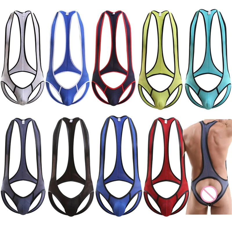 

Mens Bodysuits Mesh Transparent Bugle Pouch Undershirts Male Wrestling Singlet Open Butt Gay Lingerie Jockstrap One-piece Shorts