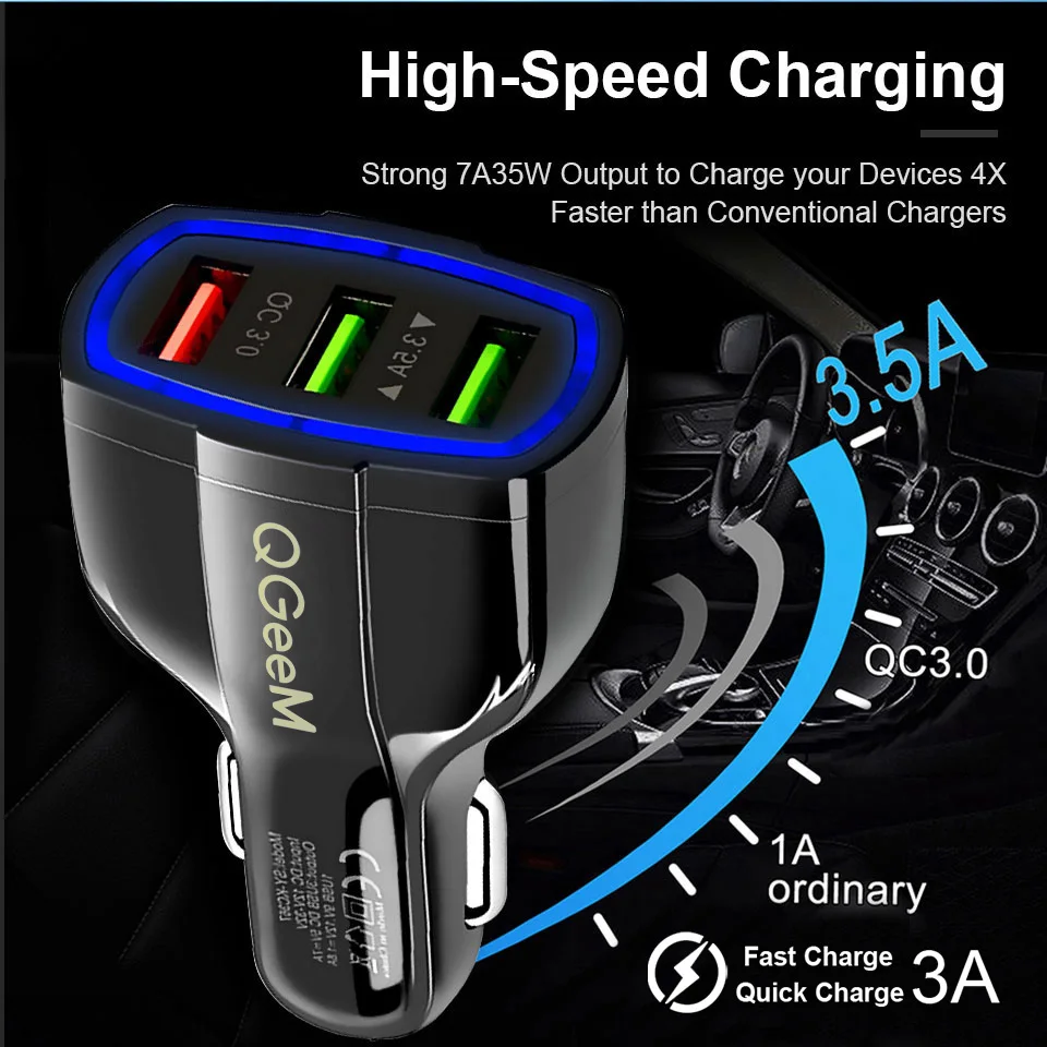 QGEEM QC 3,0 3 USB Автомобильное зарядное устройство Quick Charge 3,0 3 порта быстрое зарядное устройство для автомобильного телефона зарядное устройство адаптер для iPhone Xiaomi mi 9 Red mi