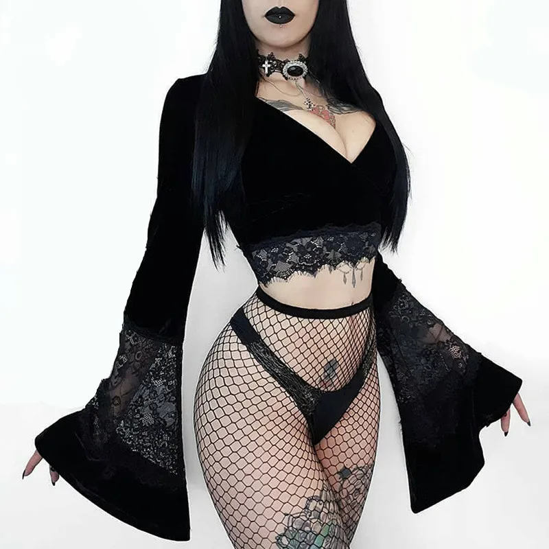 Nightclub Bar DJ Female Singer Sexy V-Neck Black Lace Trumpet Sleeve Shirt Jazz Dance Tops Hip Hop