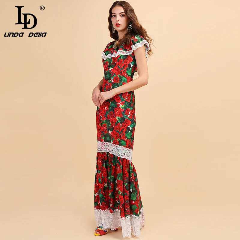 LD LINDA DELLA Fashion Runway Summer Maxi Long Dress Women's Lace Ruffles Floral Print Elegant Holiday Mermaid Party Dress Gown