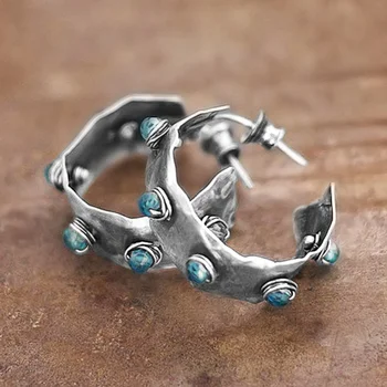 

Huitan Fashion Geometric Shape Women Hoop Earrings Antique Silver Color Versatile Accessories Daily Wear Female Earrings Jewelry