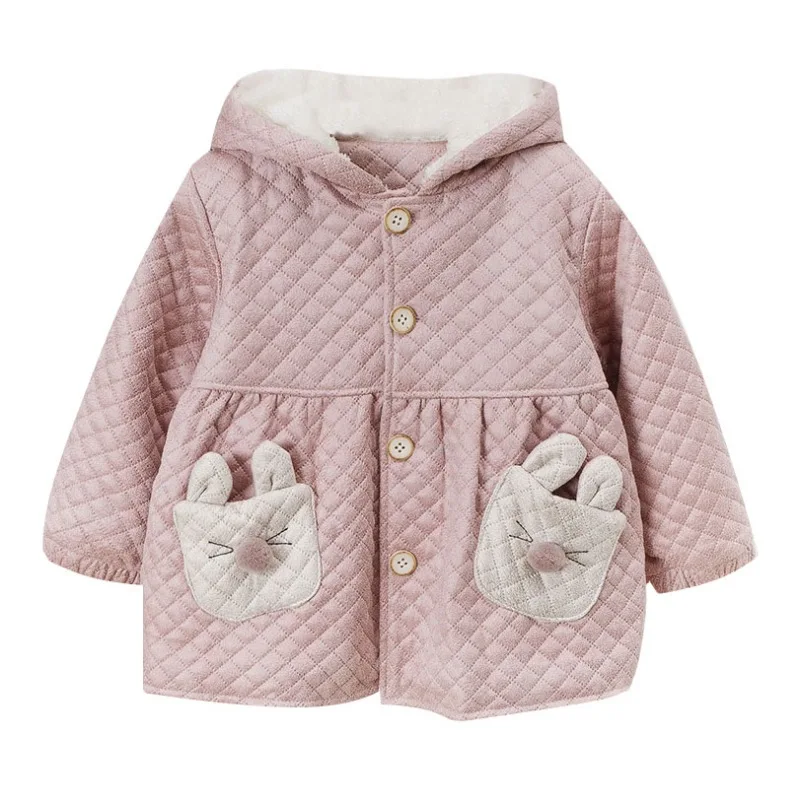  Kids Coat Winter Baby Girl Thicken Velvet Patchwork Color Pocket Design Cartoon Hoodie Outerwear Ja