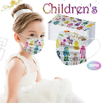 

100pcs Children Robot Printing Disposable Face Mask Three Layers Outdoor Dustproof Protection Breathable Cycling Camp 2020