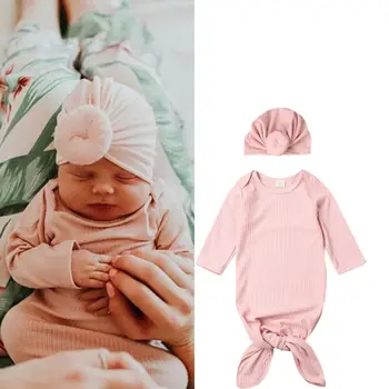 

2Pcs Newborn Baby Boy Girl Cocoon Swaddle Blanket Autumn Spring Long Sleeve Pink Sleeping Swaddle Muslin Wrap Blanket Hat Set