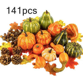 

141PCS Artificial Pumpkins Acorn Maple Leaf Pinecone Decor Set Photography Food Props Shop Party Decors