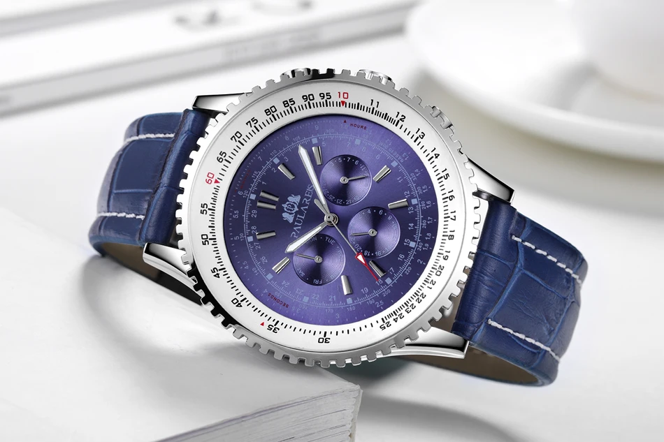 Bracelet en cuir véritable pour hommes, mécanique à remontage automatique, en acier inoxydable, noir, marron, bleu, sport, grande taille 50mm_voghion.com